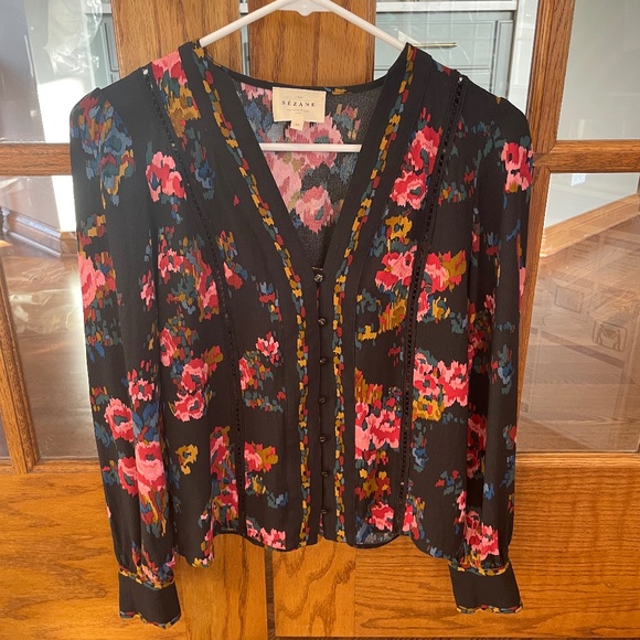 Sezane Black and Pink Floral Blouse - Picture 1 of 5